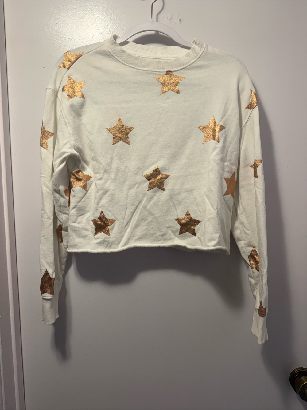 White Cropped raw hem Sweatshirt with rose Gold Star Print - spiritual gangster